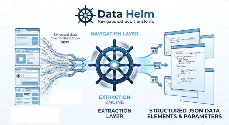 DataHelm architecture: databases, REST APIs, CSV files and website scraping feed the Navigation Engine, which passes unified data through the Data Refinement Engine into a clean data warehouse, structured API output, or dynamic dashboards